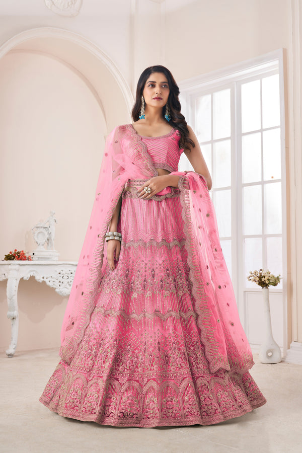 Women's Peach Soft Net Intricate Golden Zari And Thread Lehenga Choli - Kesar Fab