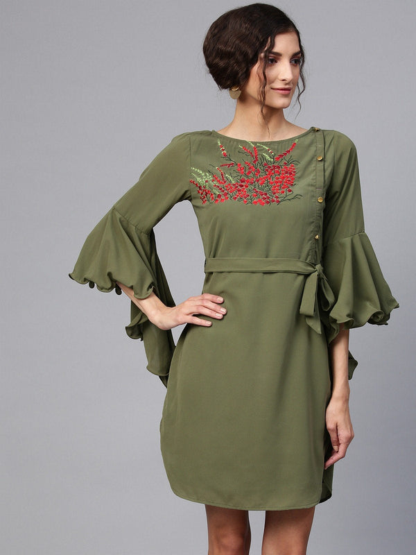 Women's Embroidered Dress With Flare Sleeves - Pannkh