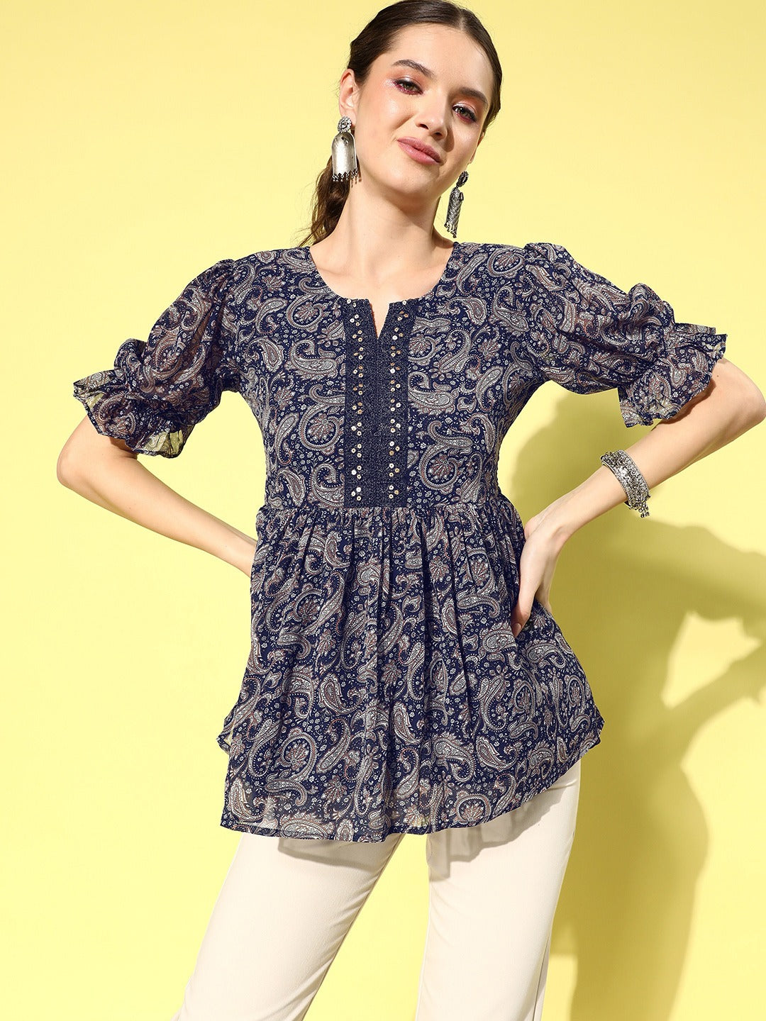 Women's Navy Blue Paisley Peplum Top - Yufta