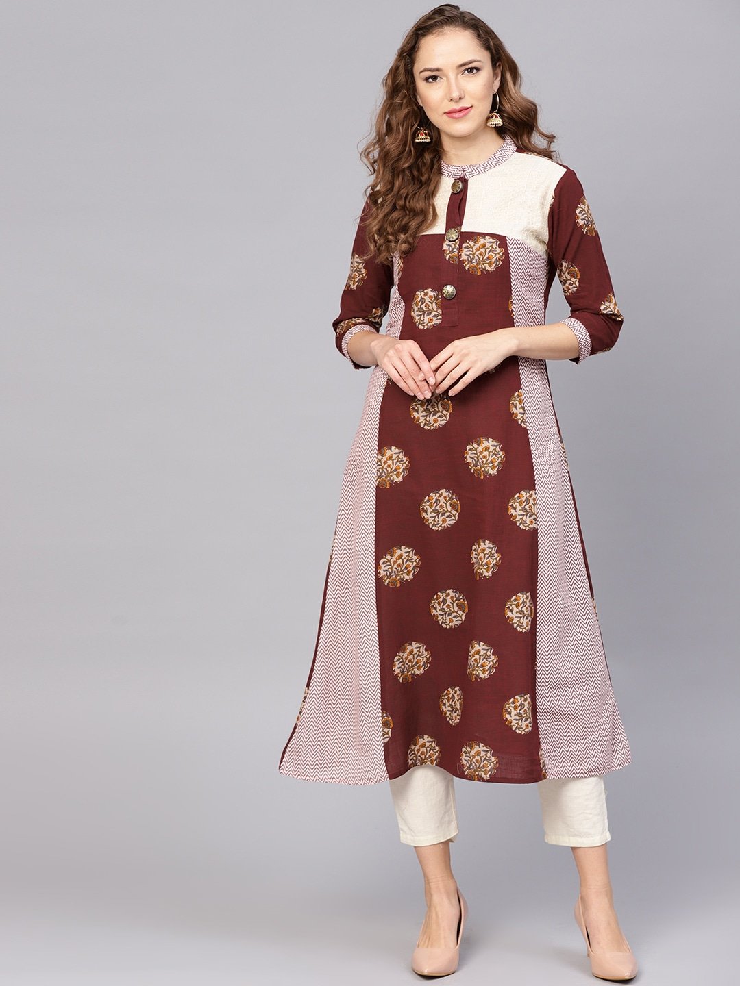 Women's Burgundy & Beige A-Line Kurta - Yufta