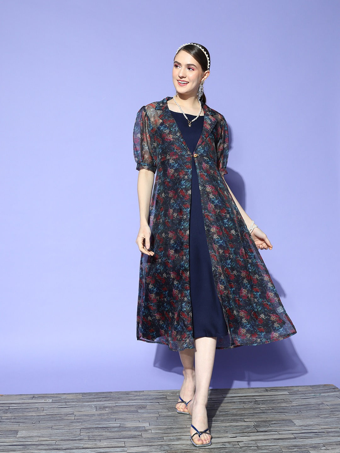 Women's Navy Blue Floral A-Line Dress - Yufta