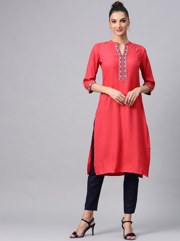 Women's  Coral Pink Solid Straight Kurta With Embroidered Detail - AKS