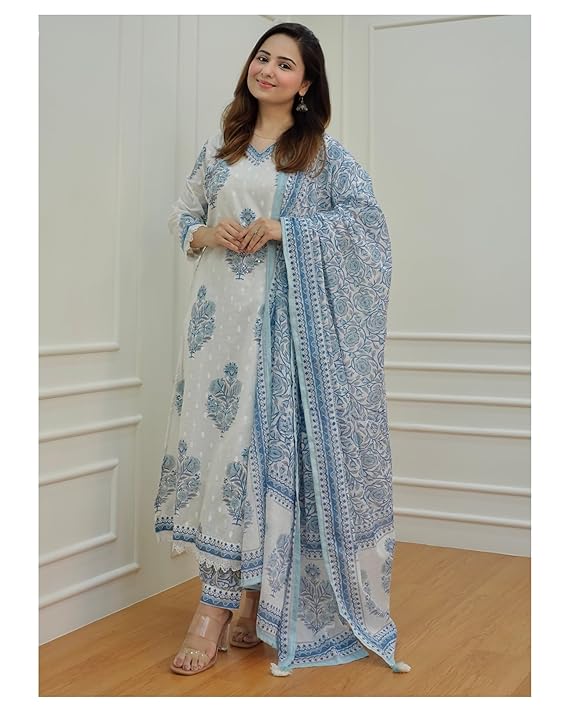 Women's Blue Printed Viscose Rayon Kurta, Pant And Dupatta Set - Alvami