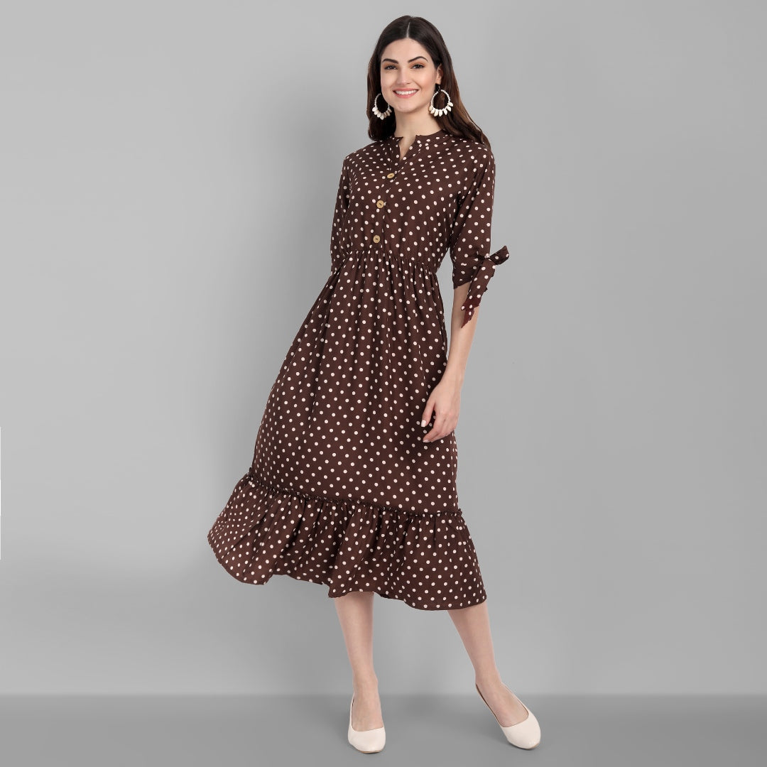 Women's Crepe Printed Brown Flared Dress - Singni