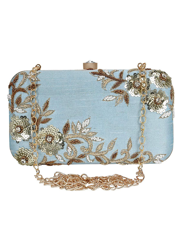 Women's Blue Color Adorn Embroidered & Embelished Party Clutch - VASTANS