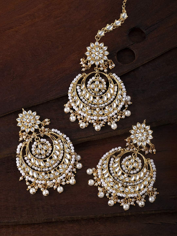 Women's Traditional Gold Plated Chandbali Kundan & Pearl Earring Set with Maang Tikka - I Jewels