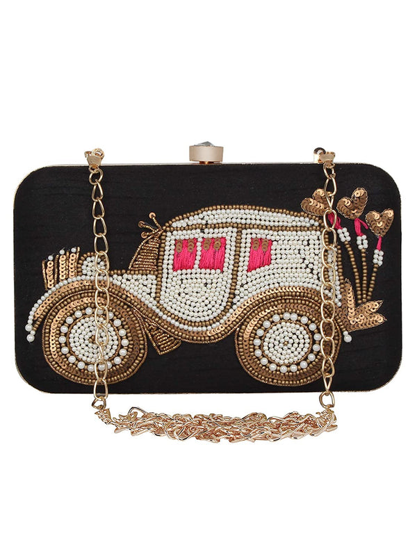 Women's Black Color Adorn Embroidered & Embelished Party Clutch - VASTANS