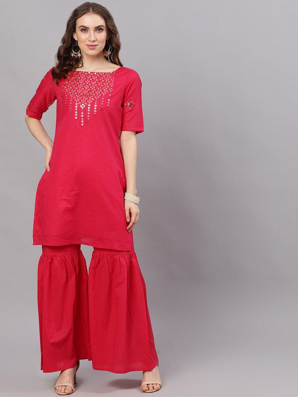 Women's  Magenta Yoke Design Kurta with Sharara - AKS