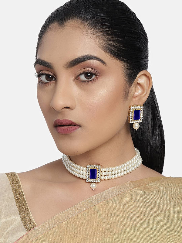 Women's  Gold Plated Handcrafted Sapphire Stone Beaded Choker Necklace Jewellery Set With Earrings  - i jewels