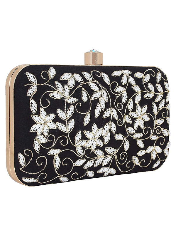 Women's Black Color Adorn Embroidered & Embelished Party Clutch - VASTANS