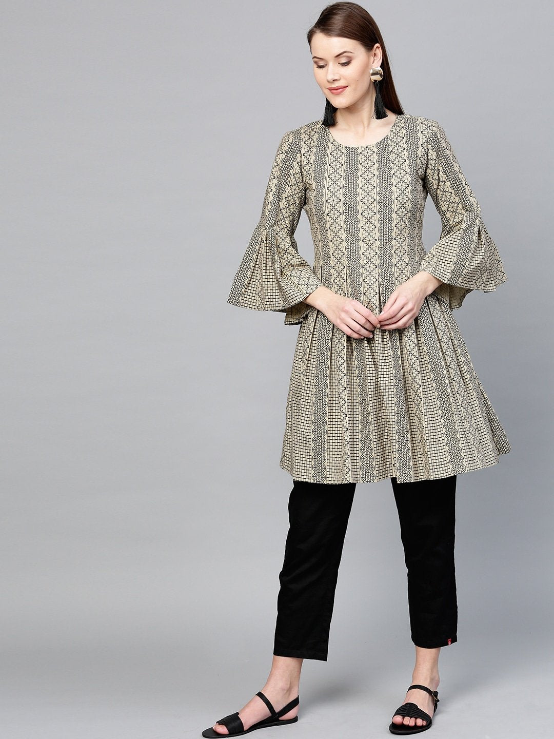 Women's Beige & Black A-Line Tunic - Yufta