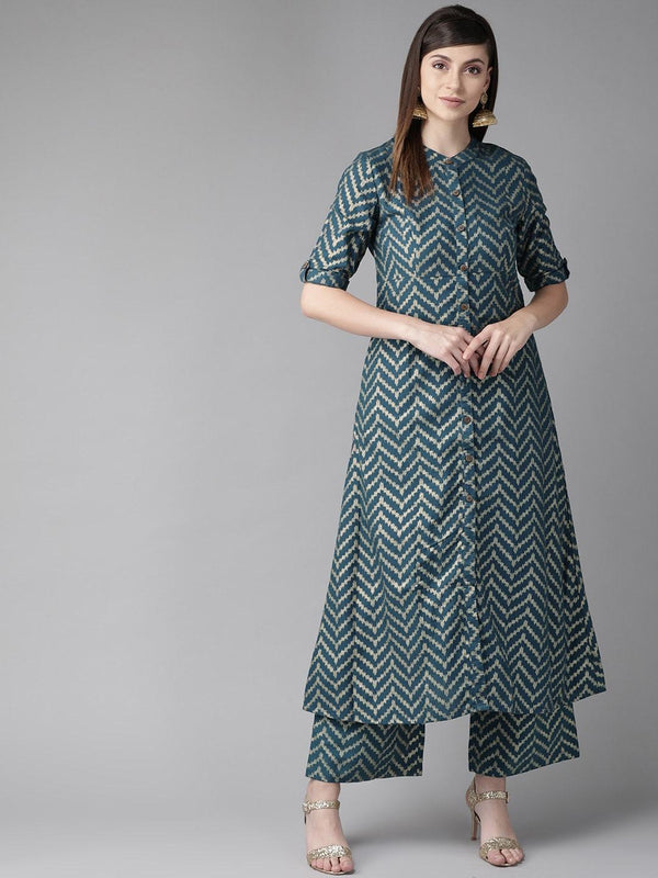 Women's  Teal Blue & Golden Chevron Print A-Line Kurta - AKS