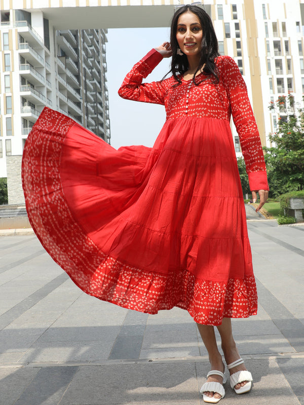 Women's Red Bandhani Print Tiered Anarkali - Aks