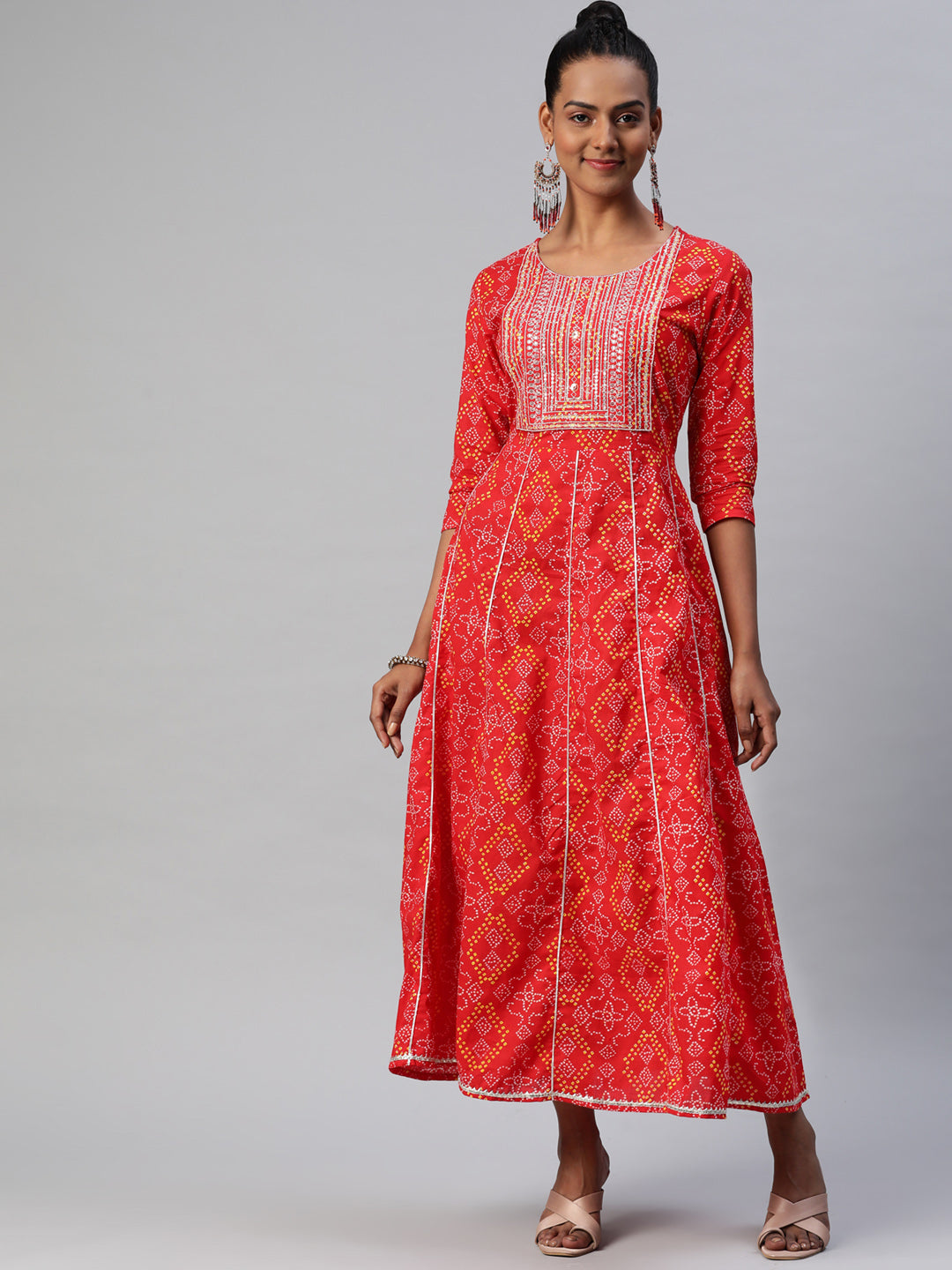 Women's Red Ethnic Motifs Ethnic Maxi Dress - Hatheli