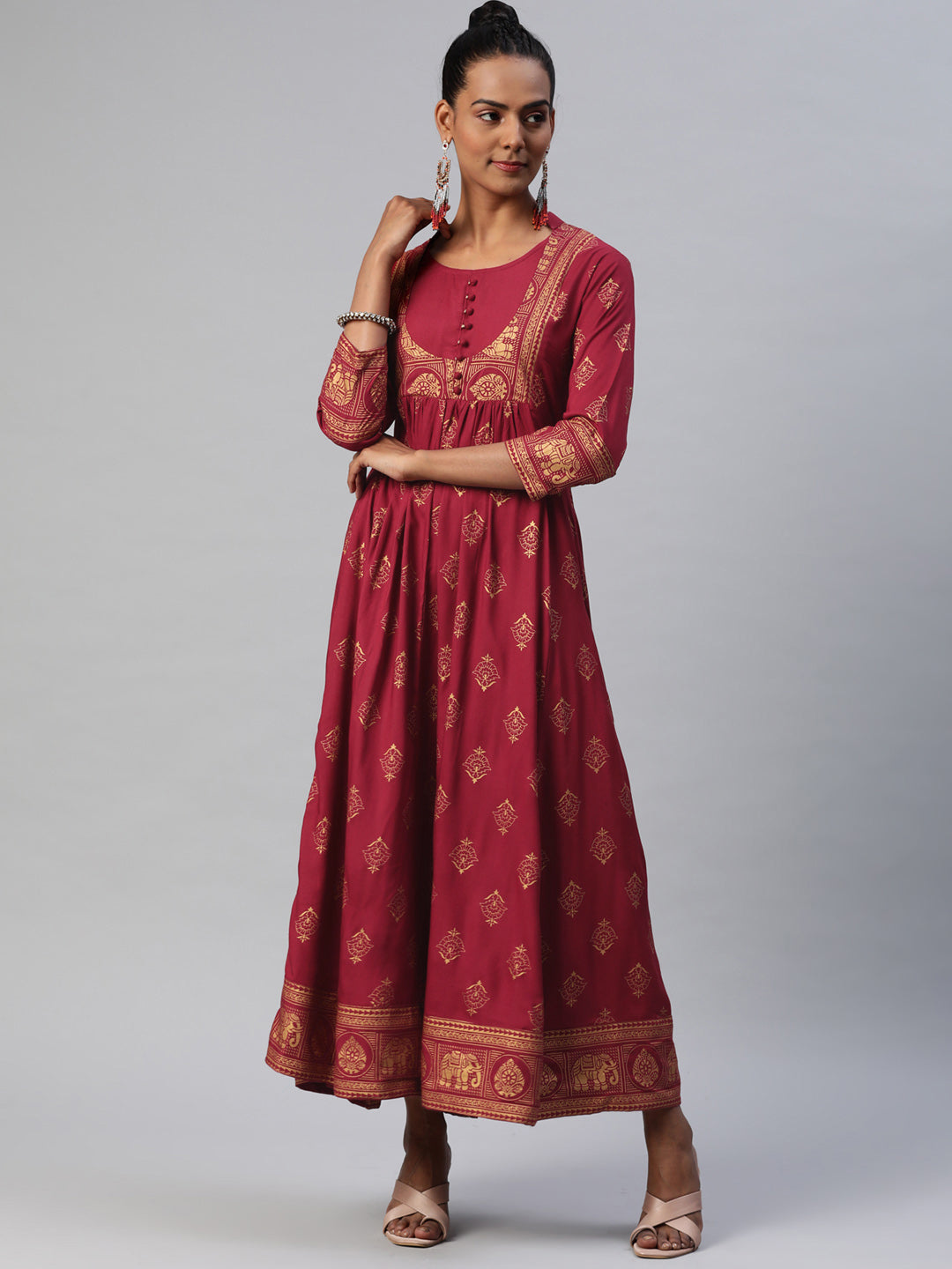 Women's Maroon Golden Ethnic Motifs Ethnic Maxi Dress - Hatheli