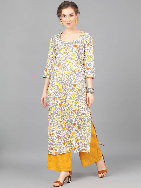 Women's  Grey & Yellow Printed Straight Kurta - AKS