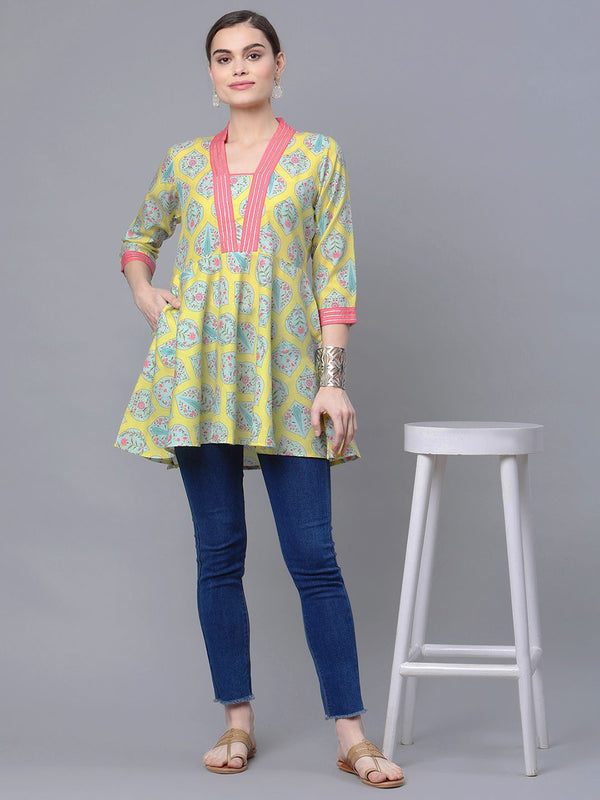 Lemon Yellow Digital Printed Pure Cotton Blend Tunic