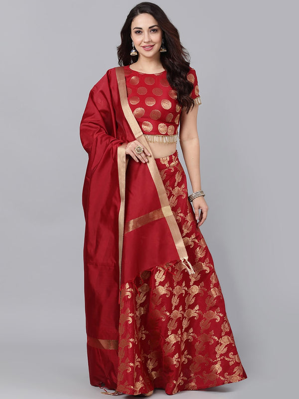 Women's Maroon Brocade Lehenga Choli With Dupatta - Aks