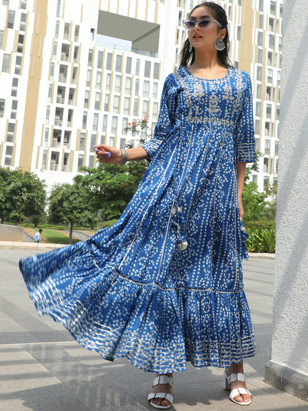 Women's Blue Bandhani Print Maxi Dress - Aks