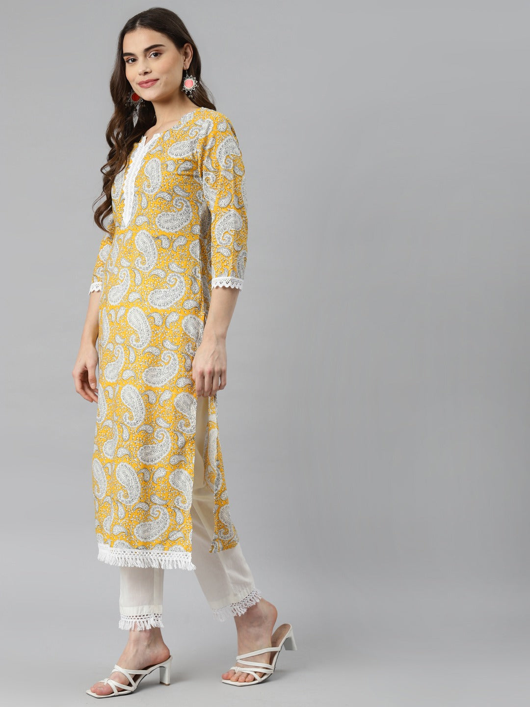 Women's Yellow Paisley Printed Round Neck Pure Cotton Straight Kurta With Dupatta - Hatheli