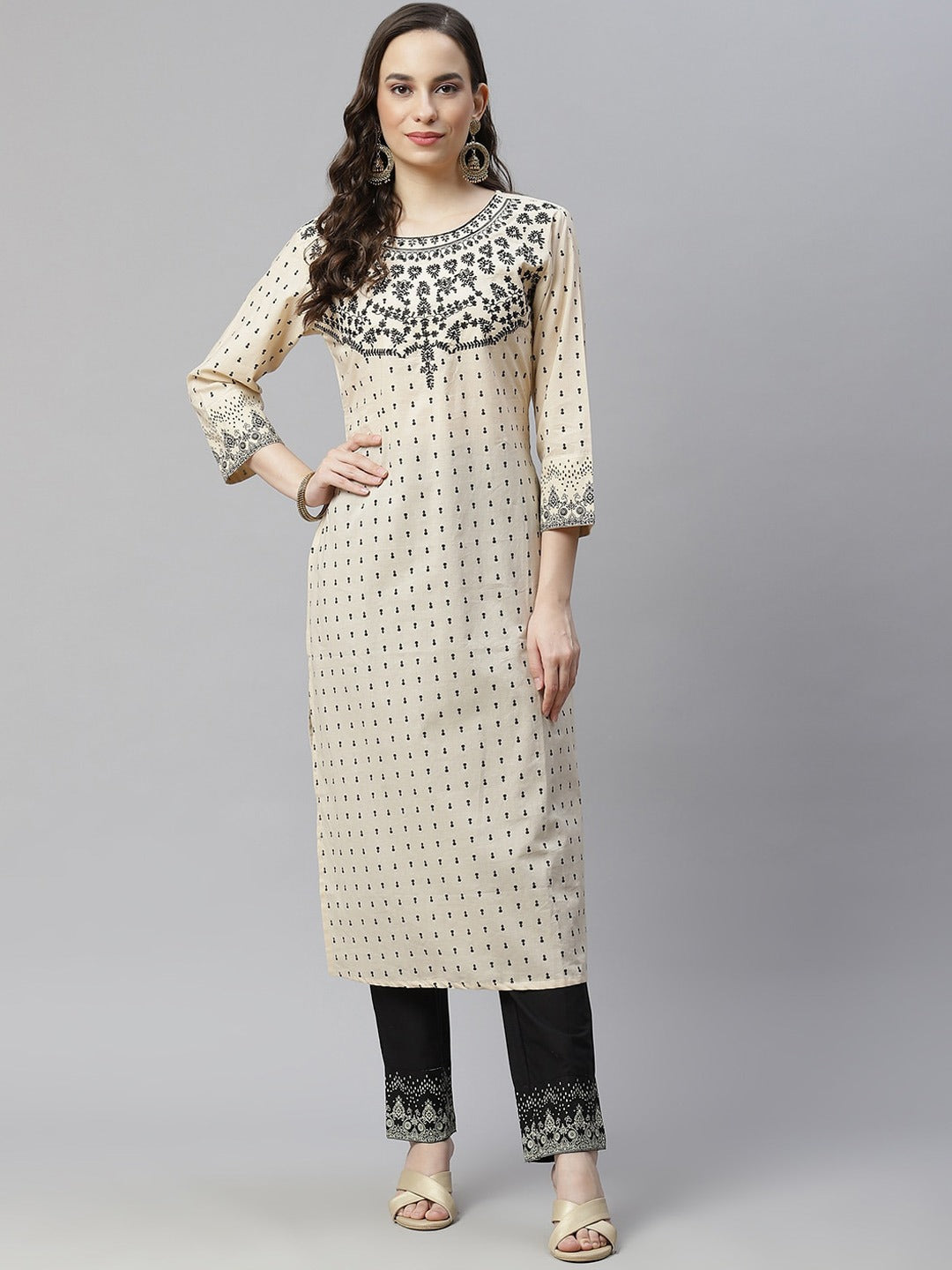 Women's Ethnic Motifs Printed Thread Work Pure Cotton Kurta With Trousers  Dupatta - Hatheli