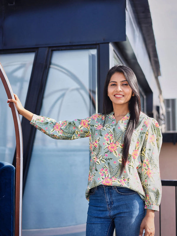 Women's Floral Cotton Green Top - Hatheli