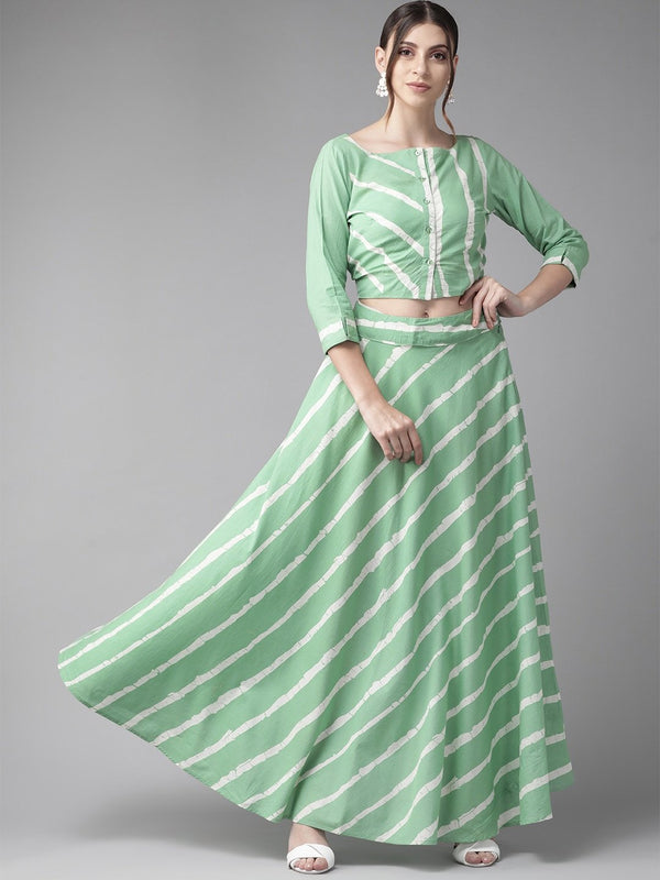 Women's  Green & White Striped Two-Piece Maxi Dress - AKS