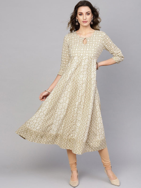 Women's  Off-White & Beige Printed Anarkali Kurta - AKS