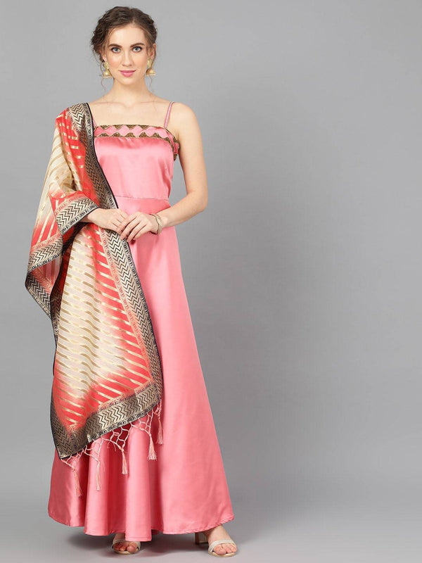 Women's  Pink Printed Maxi Dress With Dupatta - AKS