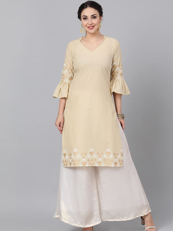 Women's  Beige Printed Straight Kurta - AKS