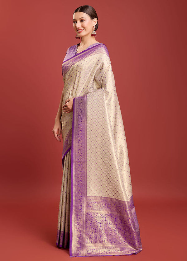 Women's Lavender Colour Woven Designer Kanjivaram Silk Sarees - Monjolika