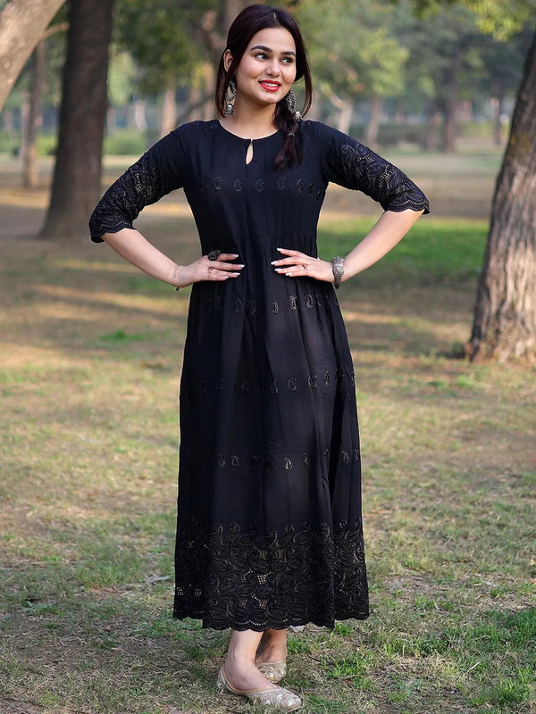 Black Schiffli Rayon Dress - Jashvi