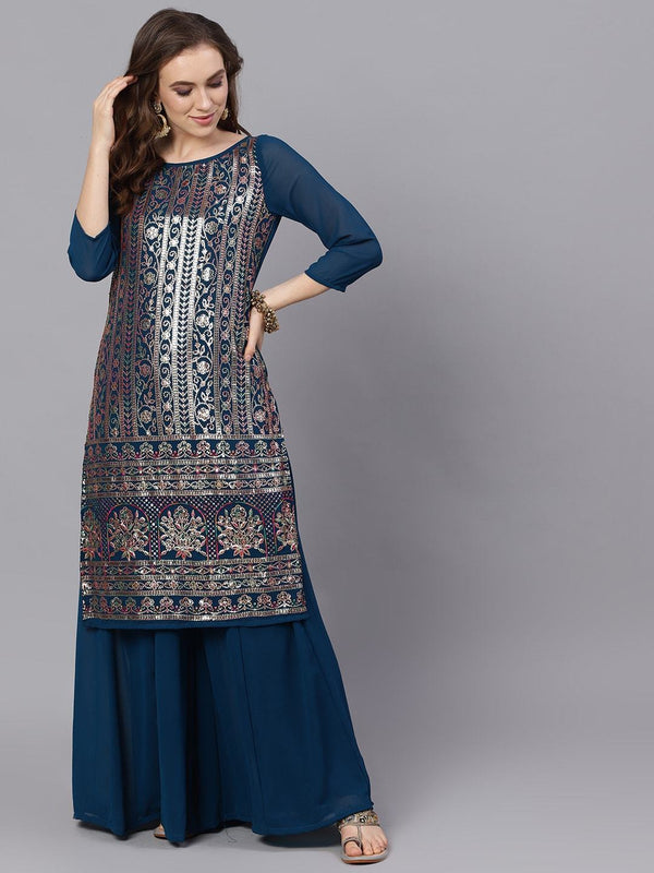 Women's  Navy Blue Printed Kurta with Palazzos - AKS