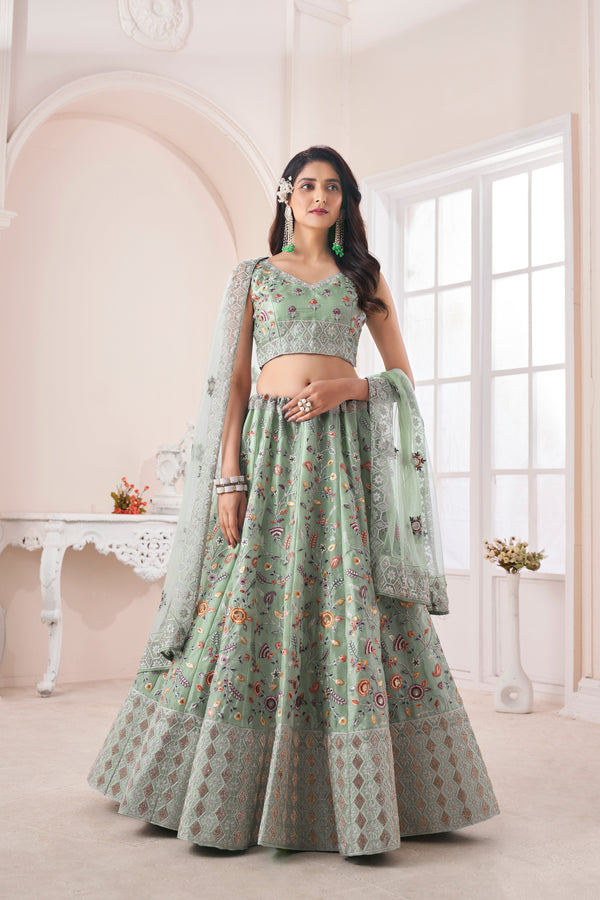 Women's Green Jimmy Chu Thread Embroidery Lehenga Choli - Kesar Fab