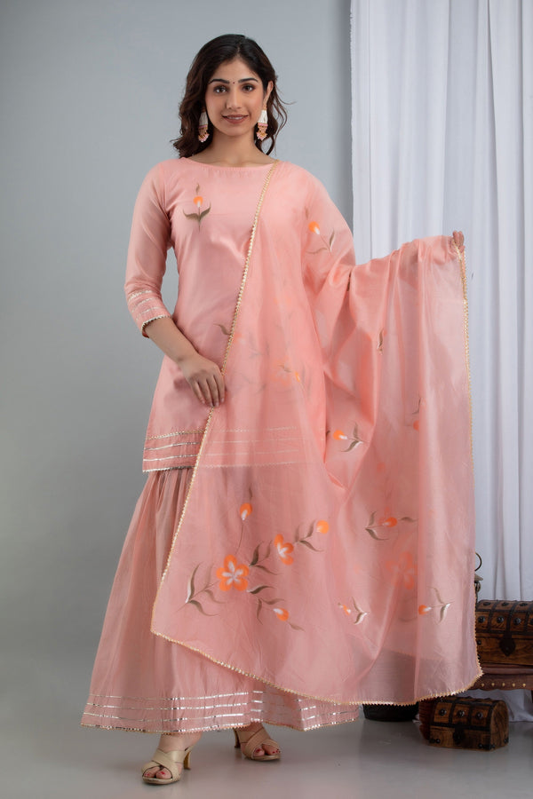 Women's Zubeida Three-Piece Set Comprising Hand Painted Chanderi Kurta Sharara And Dupatta - Saras The Label