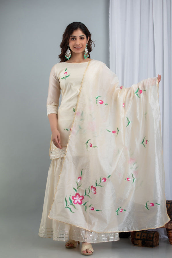 Women's Samaira Three-Piece Set Comprising Hand Painted Chanderi Kurta Sharara And Dupatta - Saras The Label