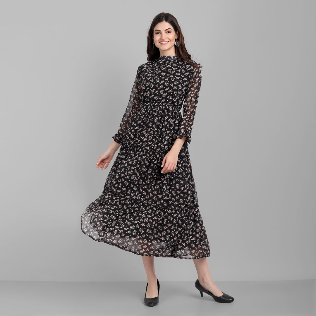 Women's Gorgette Printed Black Flared Dress - Singni