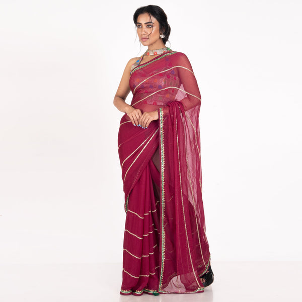 Women's Magenta Pure Chiffon Saree With Hand Embroidered Work Of Pearl And Beads - Boveee