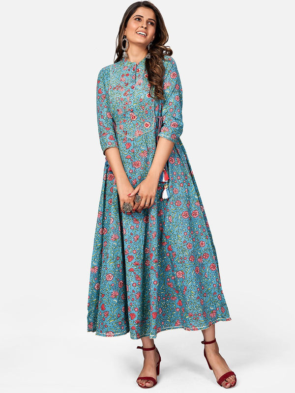 Women's Printed & Embroidered Anarkali Cotton Turquoise Kurta (1Pc) - Vbuyz