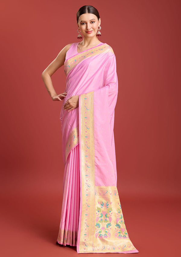 Women's Light Pink Colour Woven Paithani Silk Saree For Women - Monjolika