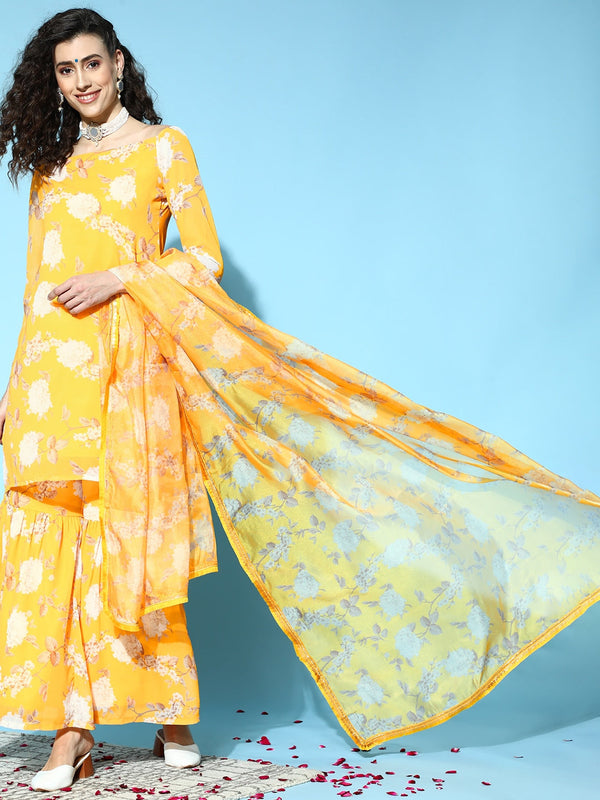 Women's Yellow Floral Print Kurta Sharara With Dupatta - Aks