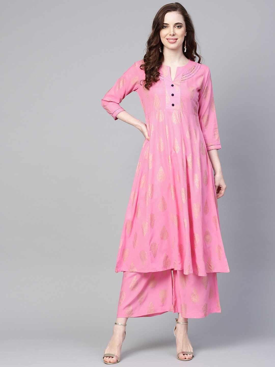 Women's Pink & Golden Printed Kurta Set - Yufta