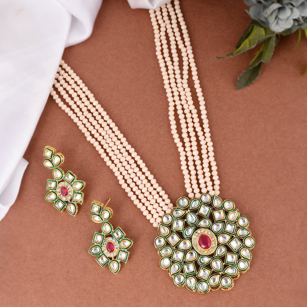 Women's Shine Beads Ethnic Kundan Polki Necklace With Earring Set - Avisha