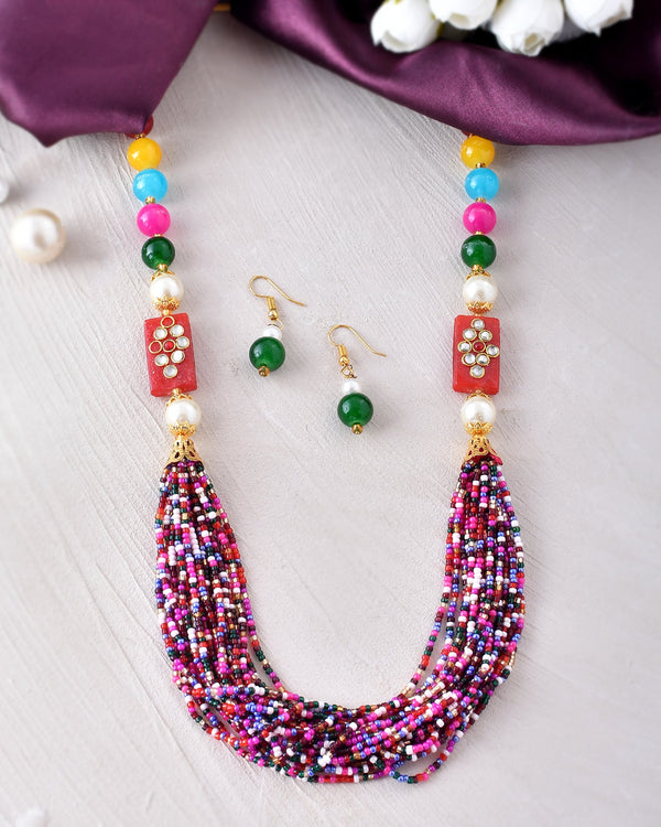 Women's Shine Small Beads Ethnic Kundan Polki Necklace With Earring Set| Gemstone Jewellery Set - Avisha