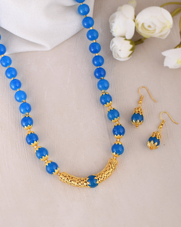 Women's Shine Round Beads Ethnic Gold Line Necklace With Earring Set | Gemstone Jewellery Set - Avisha