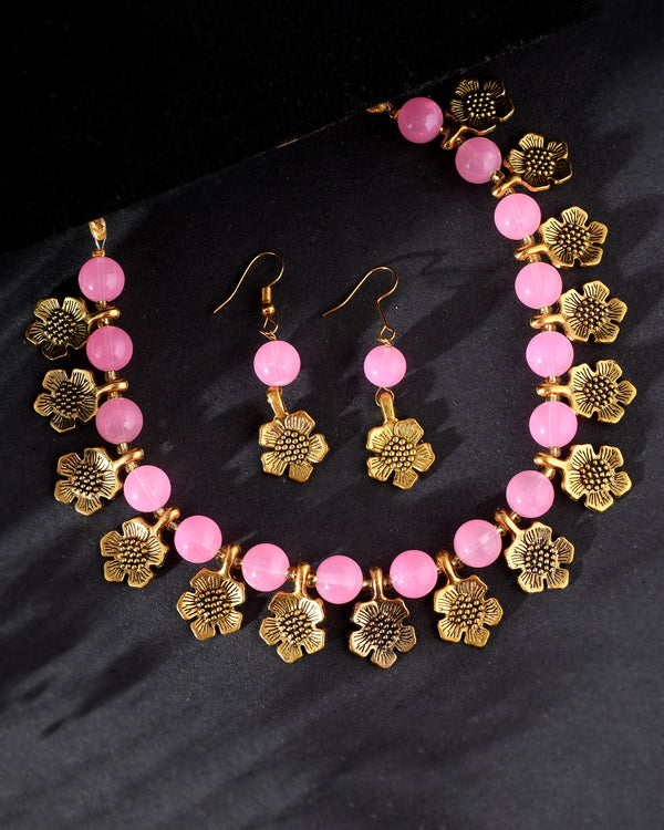 Women's Shine Beads Ethnic Gold Flower Necklace With Earring Set | Gemstone Jewellery Set - Avisha