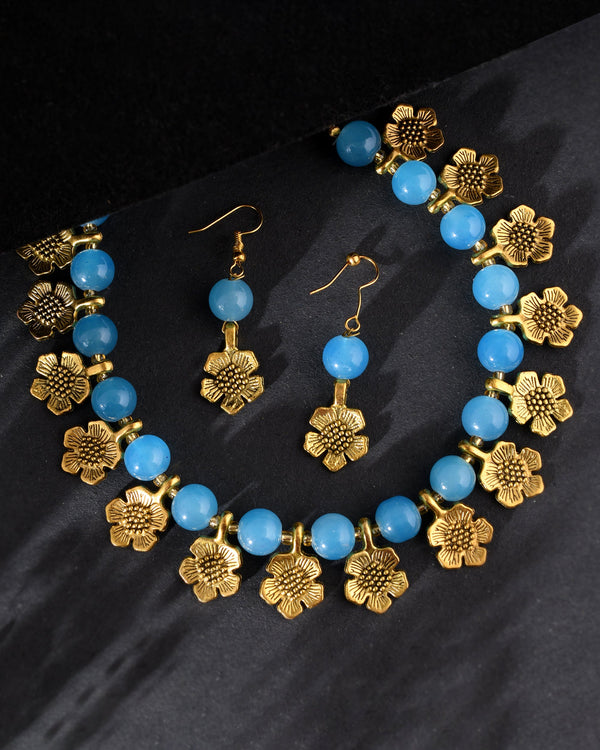 Women's Shine Beads Ethnic Gold Flower Necklace With Earring Set | Gemstone Jewellery Set - Avisha