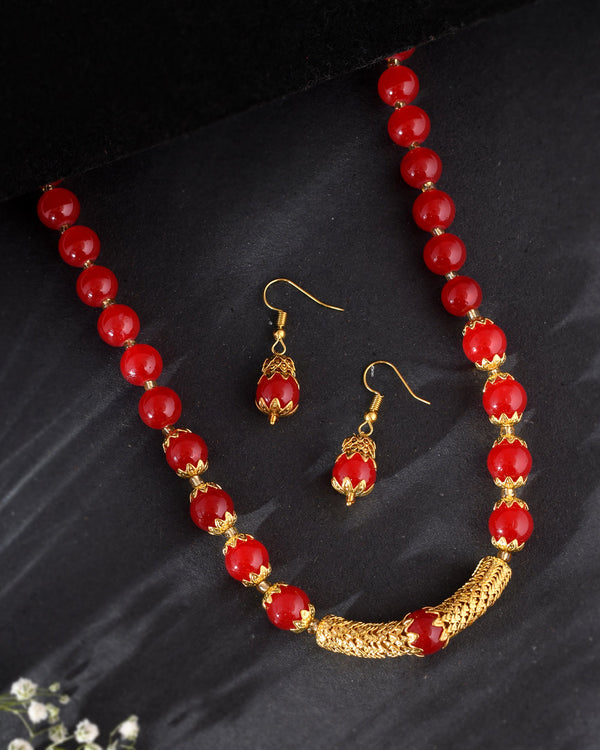 Women's Shine Round Beads Ethnic Gold Line Necklace With Earring Set | Gemstone Jewellery Set - Avisha