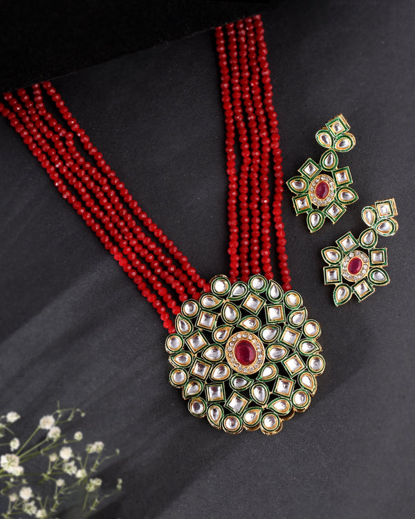 Women's Shine Beads Ethnic Kundan Polki Necklace With Earring Set - Avisha