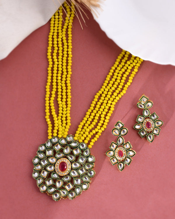 Women's Shine Beads Ethnic Kundan Polki Necklace With Earring Set - Avisha